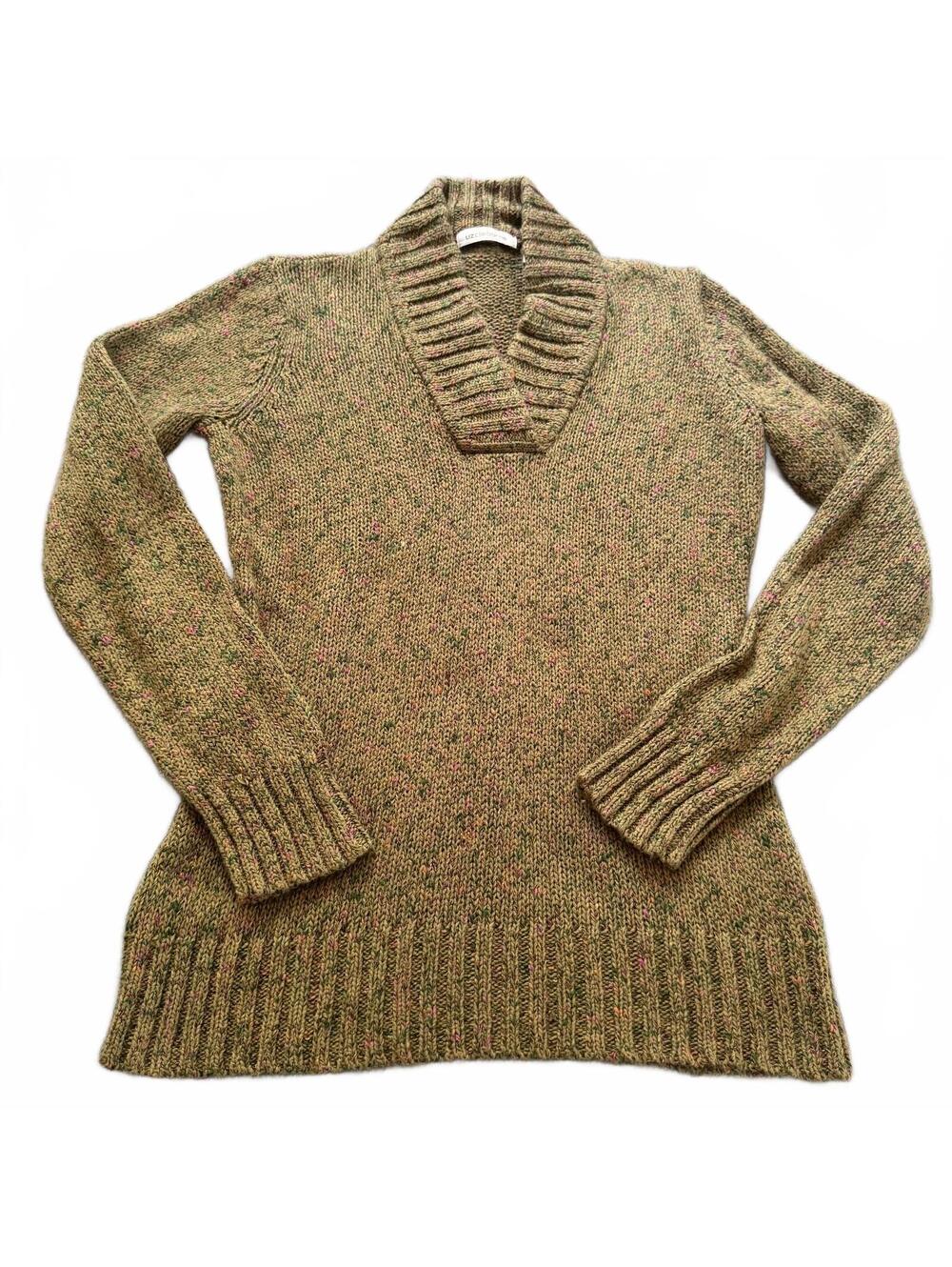 Liz Claiborne Confetti Tweed Sweater Large Green Shawl V Neck Knit Cottagecore